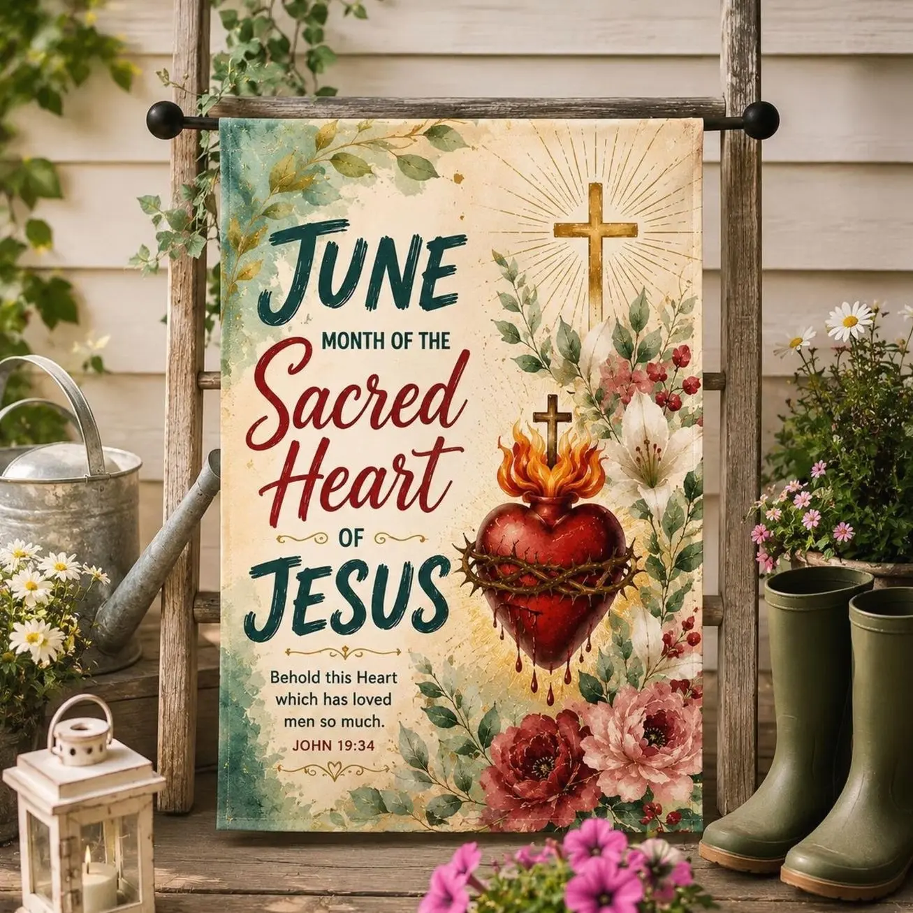 Sacred Heart Catholic Garden Flag, June Devotion Yard Banner, Christian Religious Outdoor Decor