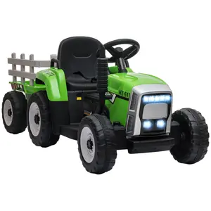 12V Ride on Tractor with Trailer, 25W Dual Motors, Battery Powered Electric Tractor with Remote Control, Music Startup Sound and Horn, LED Lights, Green