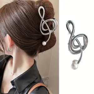 1pc Elegant Minimalist Alloy Musical Note Hair Clip, Big Single Solid Color Hair Barrettes with Pearl Designs