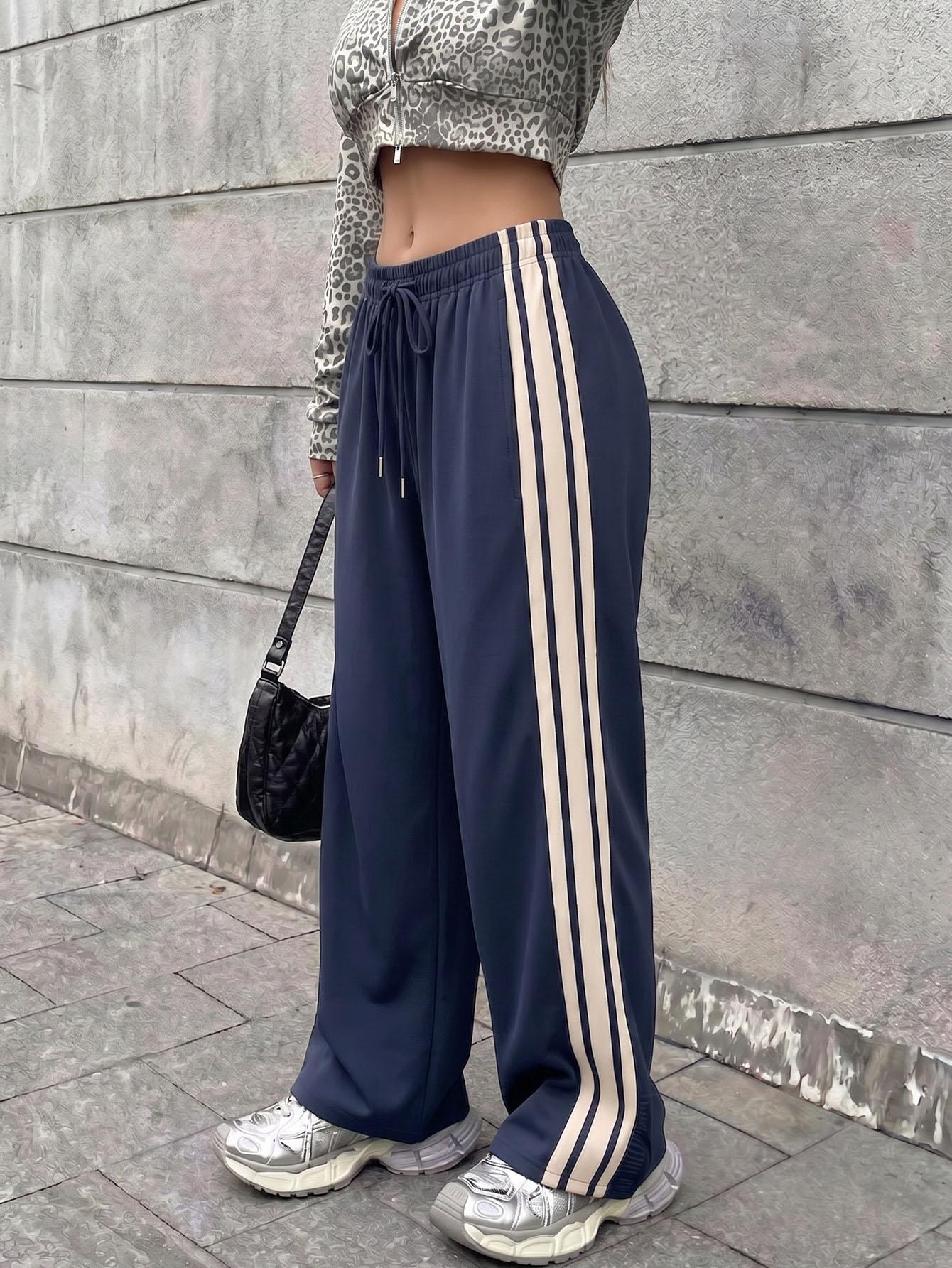 Women's Vintage Navy Blue Striped Woven Fabric Bottoms - Comfy Mid-Waist Elastic-Waist Straight Leg Pants for Spring/Autumn, Casual Retro Sports Pants with Fast Shipping