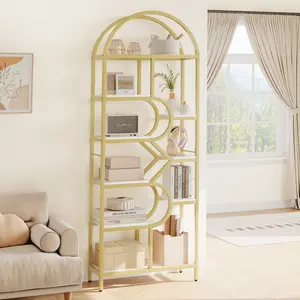 6 Tier Arched Bookcase, 81.7 Inch Tall Open Shelf Bookshelf, Freestanding Display Shelving Unit for Living Room Bedroom Office Entryway, Modern Etagere Book Shelf with Elegant Metal Frame and Easy Assembly
