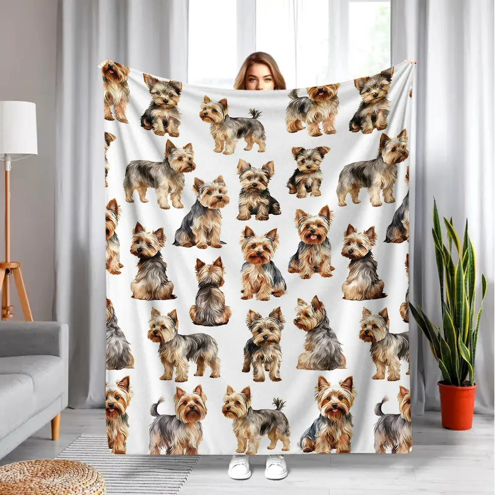 Cute Yorkshire Terrier Print Soft Flannel Throw Blanket - White Background, Breathable Durable Fabric, Machine Washable, Garden & Home Decor Statement Blanket, Ideal Gift for Yorkie Enthusiasts