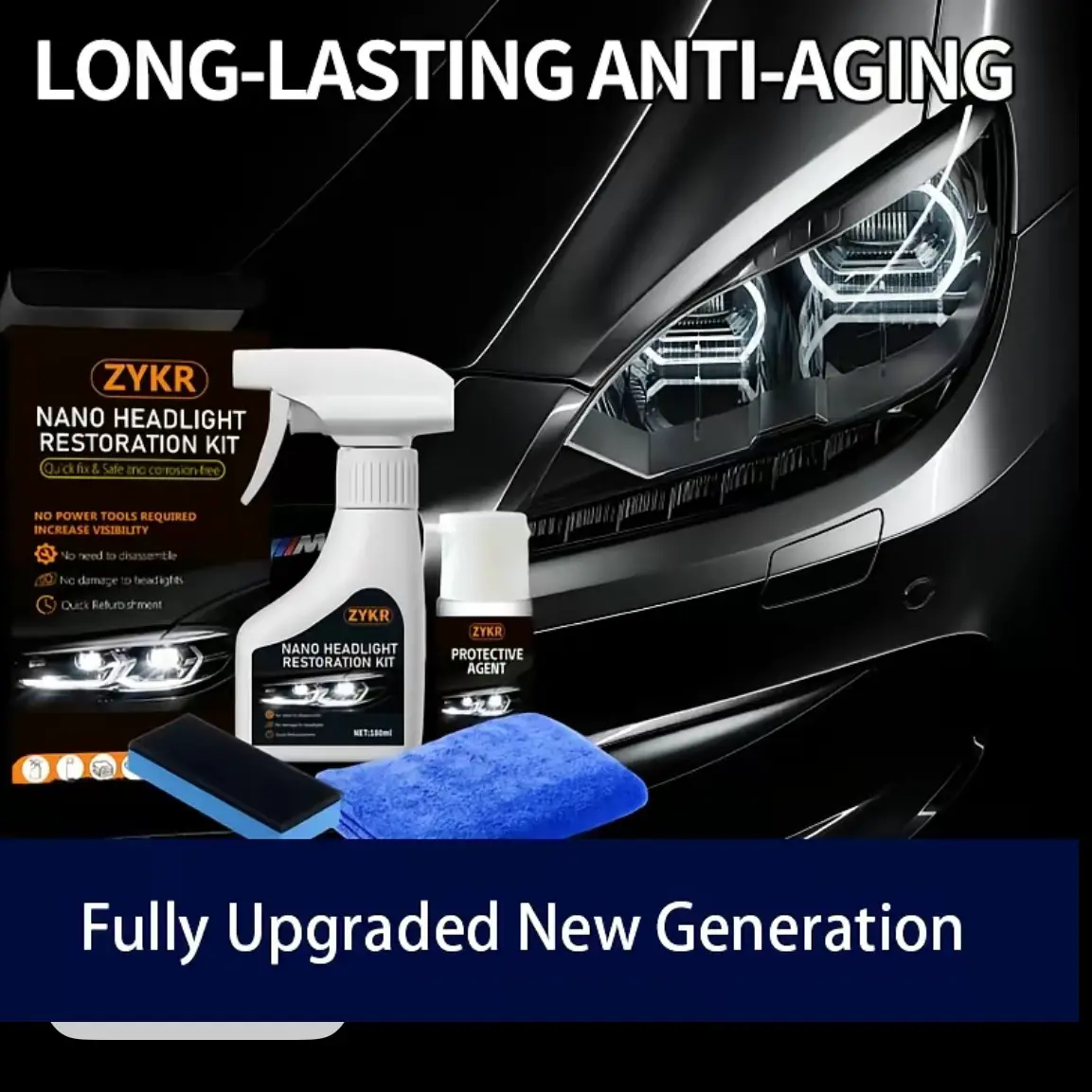 Car Headlight Restoration Spray Kit, No Power Tools Required, Removes Yellowing, Restores to Like-New Condition, Covers 2-3 Vehicle Treatments, Cleaner & Restorer Kit