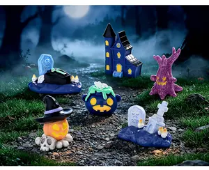 2PCS  Spooky Mini Resin Micro Landscape Ornaments, Creepy Haunted House Tombstone Skull Pumpkin Figurines, Halloween DIY Desktop Mini Decor, Available in 2-Piece Pack & 6-Piece Full Collection Set