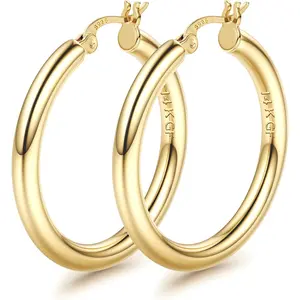 14K Gold Plated Chunky Hoop Earrings for Women With 925 Sterling Silver Post Hollow Tube Hoops Earrings 4mm Thick Hoop Earrings Hypoallergenic Lightweight Large Hoop Earrings 25/30/40/50/60/70MM