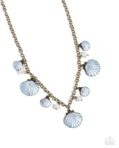 Seashell Sophistication - Brass Chain holds White Pearls and Light Blue Pearl-Painted Studded Seashells Charm Necklace