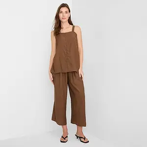 Women's Beachy Cropped Pants | Breezy Loose-Fit Summer Pants with Elastic Drawstring Waist & Pockets | Lightweight Crinkle Texture Trousers