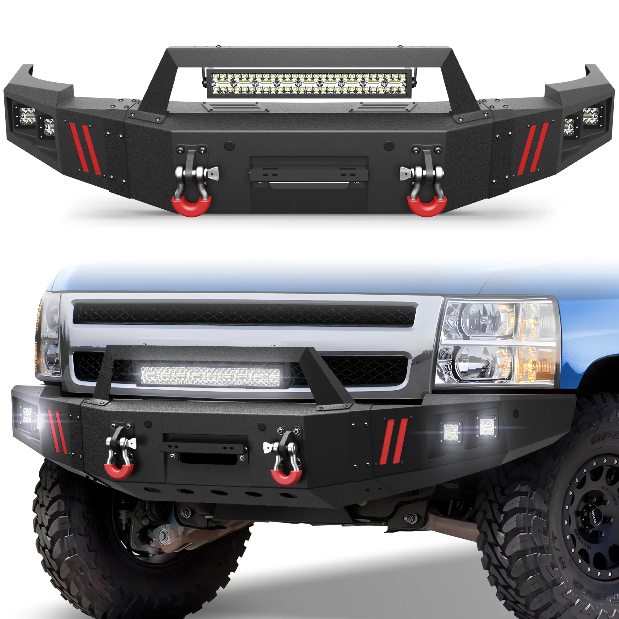 POFENZE-Mestan For 2007 Chevy Silverado Front Bumper, Full Width Bumper for 2007-2013 Chevy Silverado 1500 Pickup, w/Winch Plate, LED Lights, D-rings and License Plate Bracket fck bars rigid industries truck beds