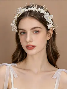 1 piece of vintage forest-themed bridal hair accessory: hand-made floral crown, hairband, actor’s walk-on show accessory, pearl floral wreath, hair flower, headpiece, headband.