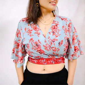 Short Sleeves Wrap Top, Flare Sleeve Tie Top, Plus Size Inclusive Boho Blouse, Retro Fashion, 90s Clothing, Summer Top, Bohemian Silk Crop Top, Women Floral Earth Tone Blouse