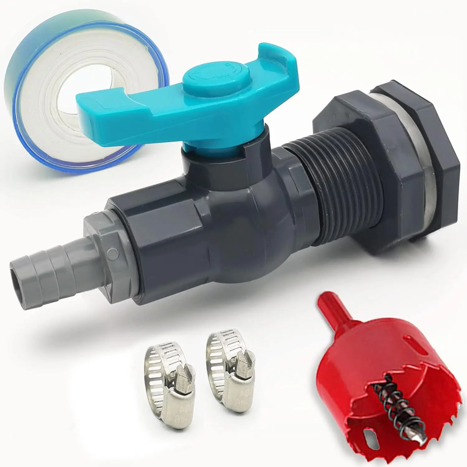 Durable Easy-to-Install Rain Barrel Spigot PVC Faucet Kit with Water Diverter, Bulkhead Fitting, Ball Valve, 16mm Garden Hose Barb Adapter, Pipe Clamps, Thread Tape, 16mm ID Hose Hole (For Home Improvement, Gardens, Aquariums), Reef Tank
