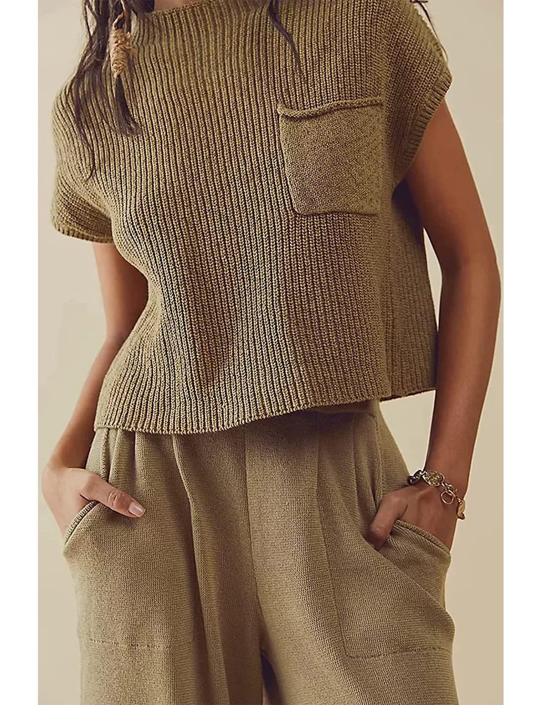 Women's Knitted Sleeveless Pocket Casual Rib Pullover Vest