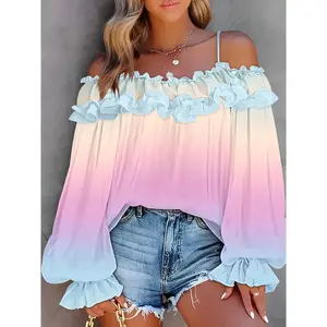 Women'S Off-Shoulder Color Block Top - Casual Chic with Ruffled Detail, Gradient Pink to Blue, Long Sleeves, Strapless Design for Summer Outfits, Summer Fashion Top | Offshouldbone Fashion | Flowing Sleeves, Strapless Blouse Shirts Womenswear