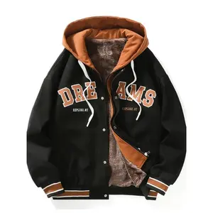Men's Color Matching Dreams Embroidery Graphic Print Fleece Striped Baseball Jacket With Pockets, Casual Zip Up Long Sleeve Warm Hooded Varsity Jacket For Outdoor Menswear Coats