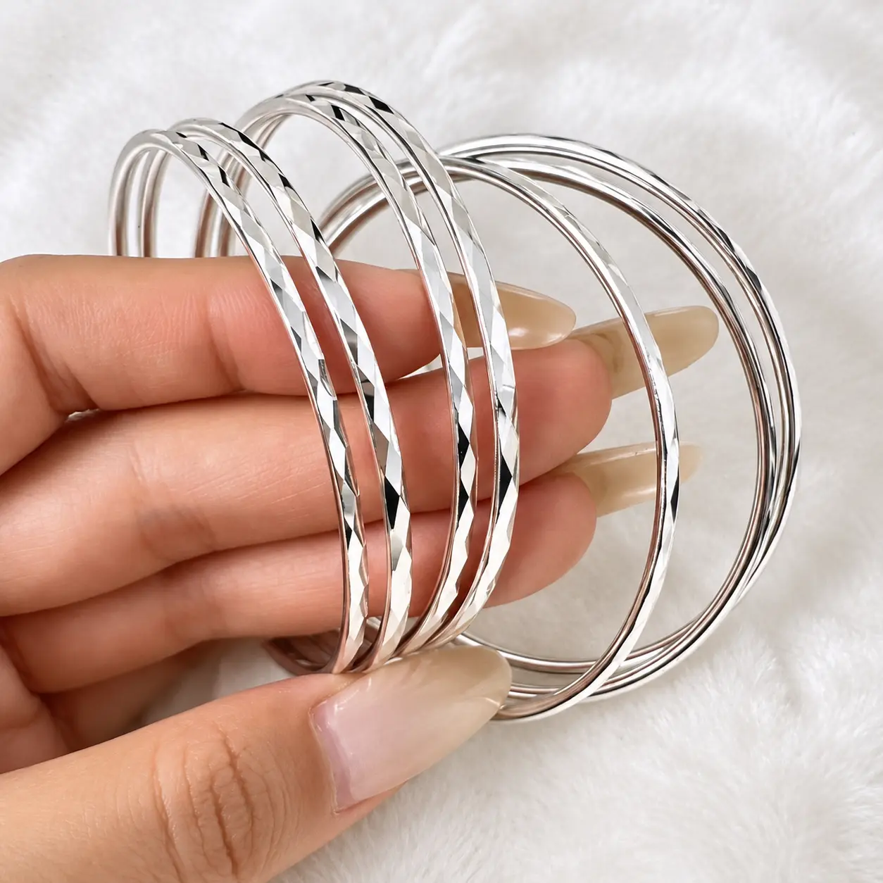 S925 Sterling Silver Bangle Bracelet Set for Women, Faceted Stacking Bangles, Elegant Everyday Jewelry, 62mm 64mm 67mm Moissanite Tennis hard unisex costume high quality adjustable fit gold religious luck beautiful leaf chain fashionable chunky