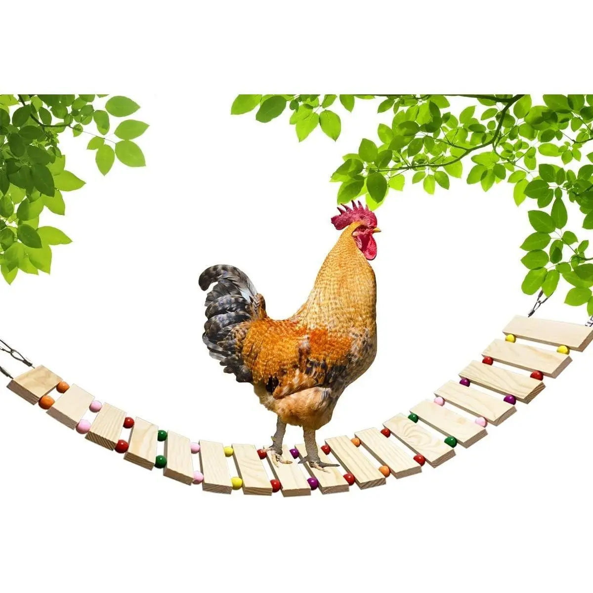 Natural Wood Small Chicken Coop Toy - Universal Play & Chew Bird Toy for All Breeds, with Flat Ladder Surface, Swing, Perch, Colorful Beads, Easy-Install Suspension Hook