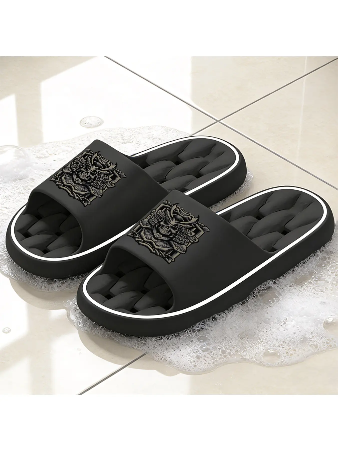 Samurai Skull Print Quick-Dry Hollow Out Slide Slippers, Non-Slip Drainage Bathroom Shower Shoes, Soft Cushioned Home Sandals for Japanese Culture & Gothic Fans