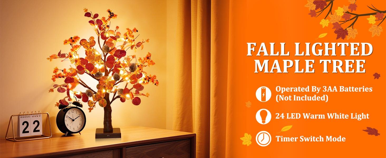 [ Prelit & Timer ] TURNMEON 2 Pack Fall Decor Tabletop Fall Trees 48 LED Battery Operated Maple Tree 288 Eucalyptus Leafed 12 Acorns Berry Fall Decorations for Home Thanksgiving Table Decor 18 Inch