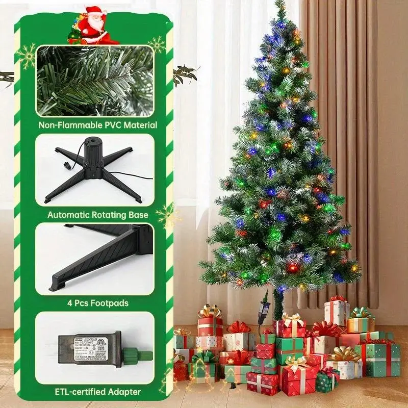 6Ft PVC RGB LED Christmas Tree - Durable, Long-Lasting, with Remote Control, Automatic Rotating Foldable Base, Branch Tips - Holiday Party Decoration Supplies for Indoor Home Improvement