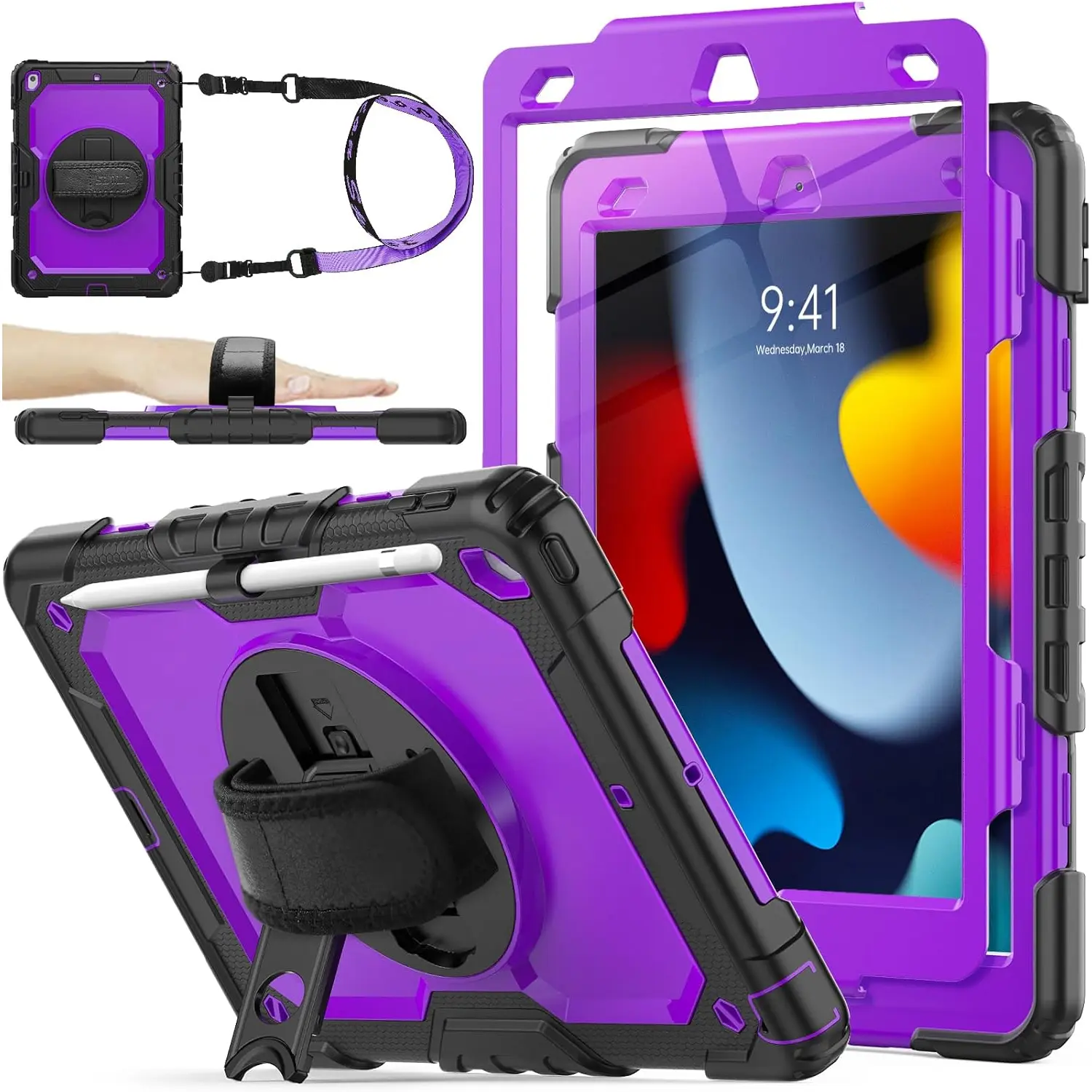 Case for iPad 9th/ 8th/ 7th Generation 10.2'', Shockproof with Screen Protector, Pencil Holder [360? Rotating Hand Strap] & Stand, for iPad 10.2 inch 2021-2019 (Purple+Black)
