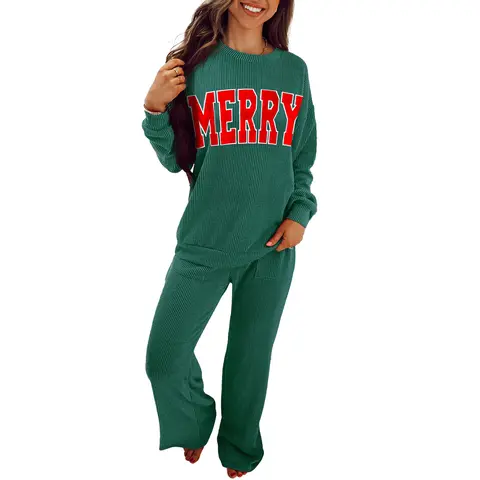 Mntaor Women's Christmas Winteroutfit Fiery Red 2 Piece Corded Outfit JOLLY Long Sleeve Top & Pants Set with Practical Pockets for Casual Wear