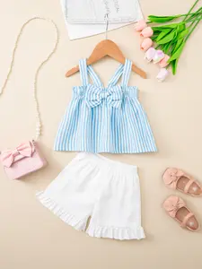 Girls' Summer Halter Top & Shorts Set, Large Bow Decor, Ruffle Hem, 2-Piece for Ages 3-8, Perfect for Holidays, Parties, Travel, Striped Sets