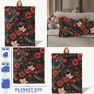 Gothic Floral Bat Throw Blanket 101.6x127.0 cm - Soft Flannel Polyester with Red Flowers Black Leaves and Dark Background All-Season Cozy Blanket for Alternative Style Home Dr Couch Bed or Unique Gift