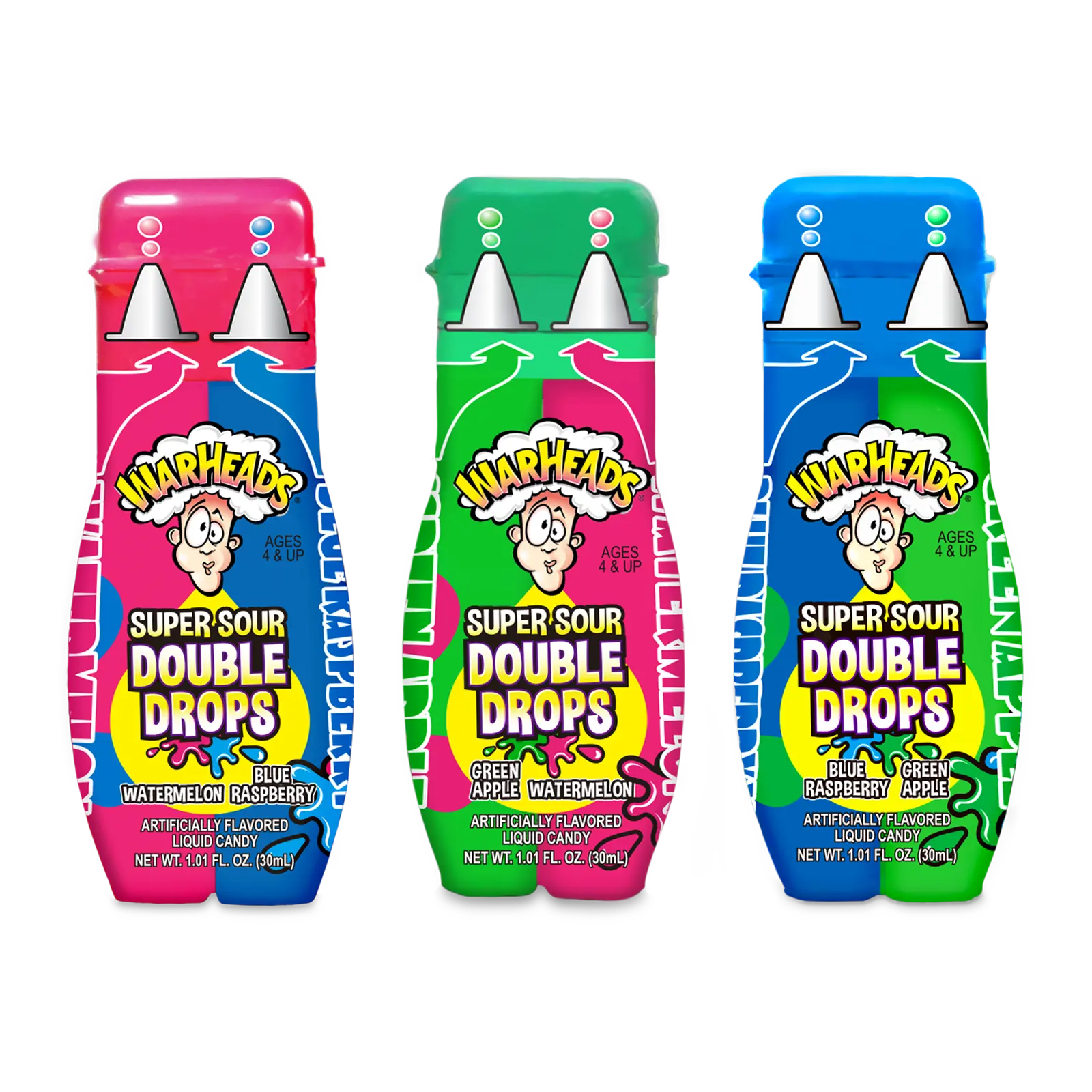 WARHEADS Super Sour Double Drops - Liquid Sour Candy - Blue Raspberry, Green Apple and Watermelon Assorted Flavors - 1.01 oz. Bottles - 3 Pack Snack Sweet