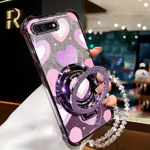 8 Plus Full of Cute Pink Hearts Transparent Magnetic Glitter Pearl Strap Lanyard Phone Holder Case with Elegant Cover Compatible with For iPhone 8 Plus