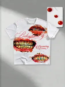 High Street Hip Hop Gold Tooth Rhinestone Lip Print Oversize T-Shirt, Loose-Fitting Casual Top, No Collar, Without Button or Zipper