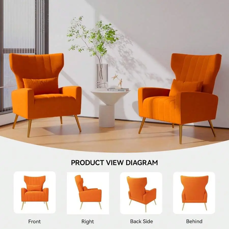 Modern Velvet High-Back Accent Chair - Upholstered Indoor Lounge Furniture with Lumbar Support, Metallic Gold Legs, Decorative Chair for Living Room, Bedroom, Bedroom Reading Chair