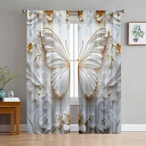 2D Flat 2Pcs White Golden Butterfly Curtains, Elegant Floral Pattern Window Drapes, Rod Hung Semi Blackout Panels, for Living Room Bedroom Home Decoration Curtain, Privacy Enhancing, Decorative