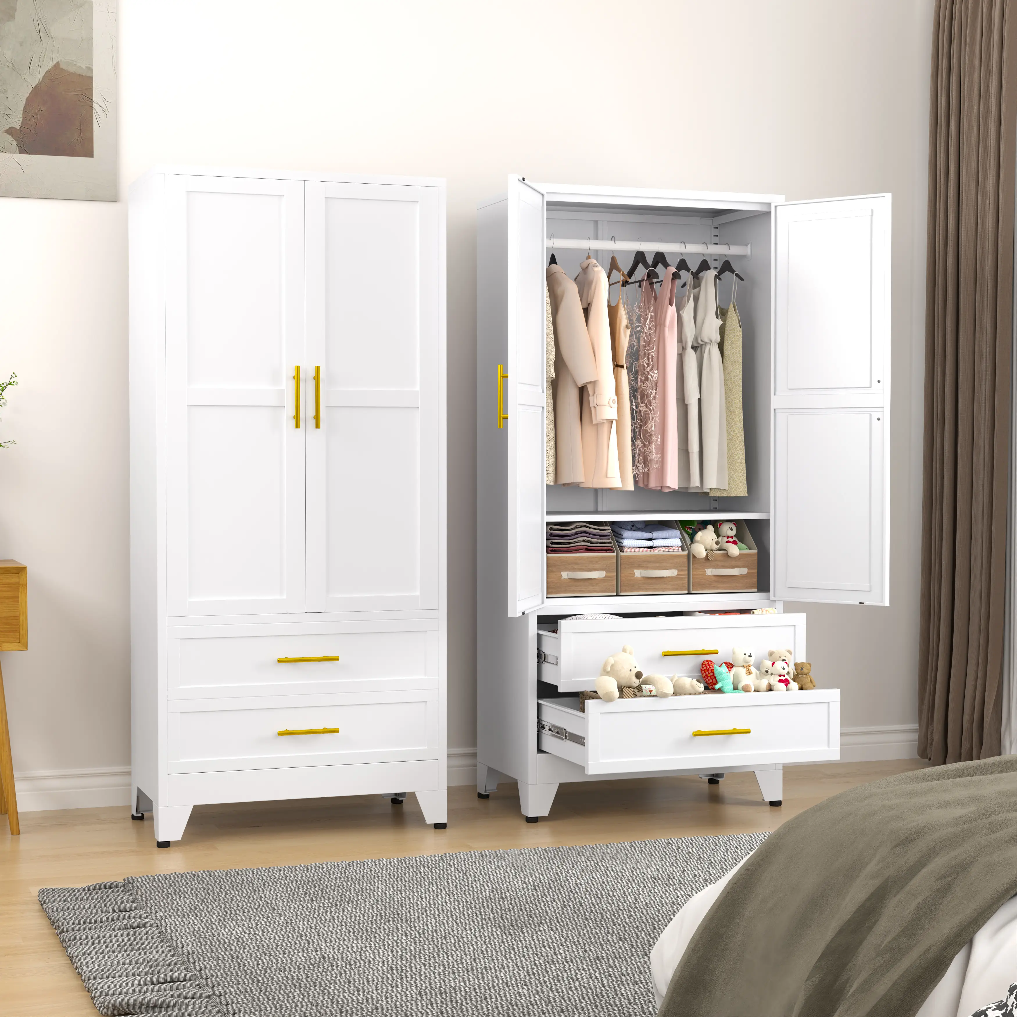 Metal Wardrobe Closet with 2 Doors & 2 Drawers, 71"" Tall Armoire Wardrobe Closet with Hanging Rods and Adjustable Shelf, Steel Wardrobe Storage Cabin