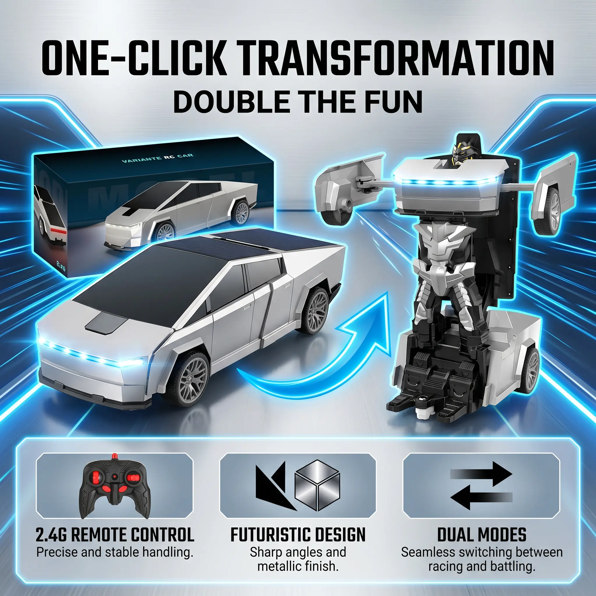 Transforming RC Robot Car for Kids: 1-Click Transform, 2.4GHz Remote Control & Futuristic Cyber Design. 2-in-1 Sci-Fi Tech Toy Vehicle Gift (US Local)