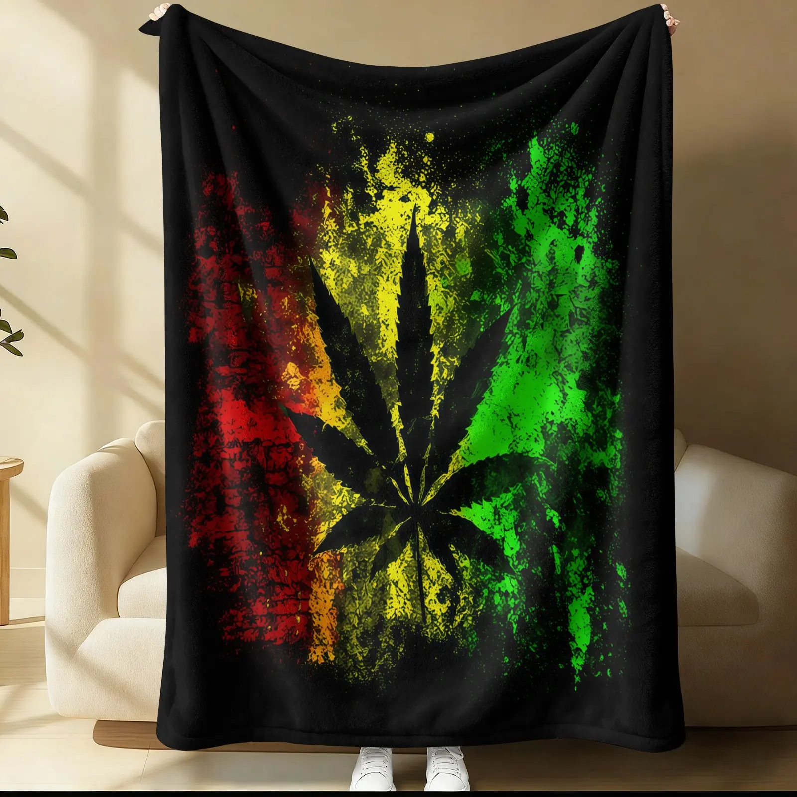 Rasta Style Cannabis Leaf Throw Blanket, Soft Cozy Reggae Themed Decorative Blanket for Couch, Bed, Travel & Office, Decor for Teens & Adults