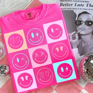 Comfort Colors Neon Summer Smiley Face Checkerboard Shirt, Sunshine, Summer Vibes, Neon Trendy Summer Design, Distressed Beach, 100% Cotton Unisex Design, Gift For Him Or Her women