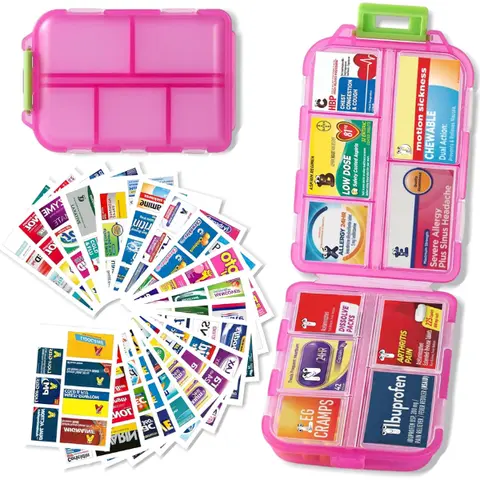 7-Day Vitamin Organizer with Compartments, 161 Colorful Pink Labels for Easy Identification, Modern Medical Organizer Travel Aid Home Storage Case