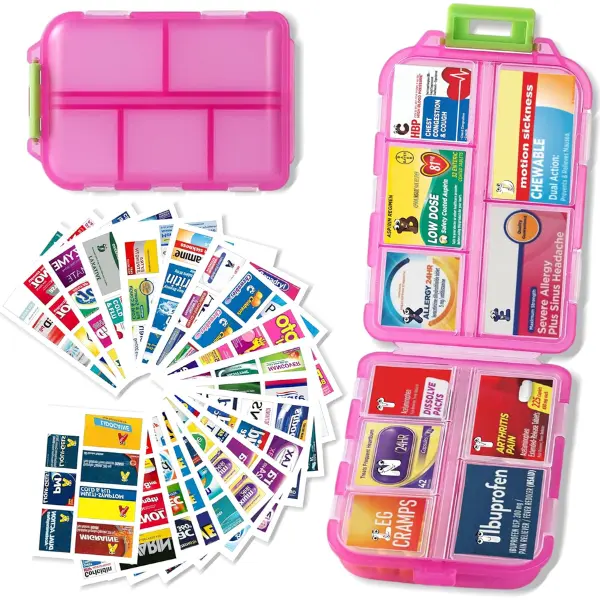 7-Day Vitamin Organizer with Compartments, 161 Colorful Pink Labels for Easy Identification, Modern Medical Organizer Travel Aid Home Storage Case