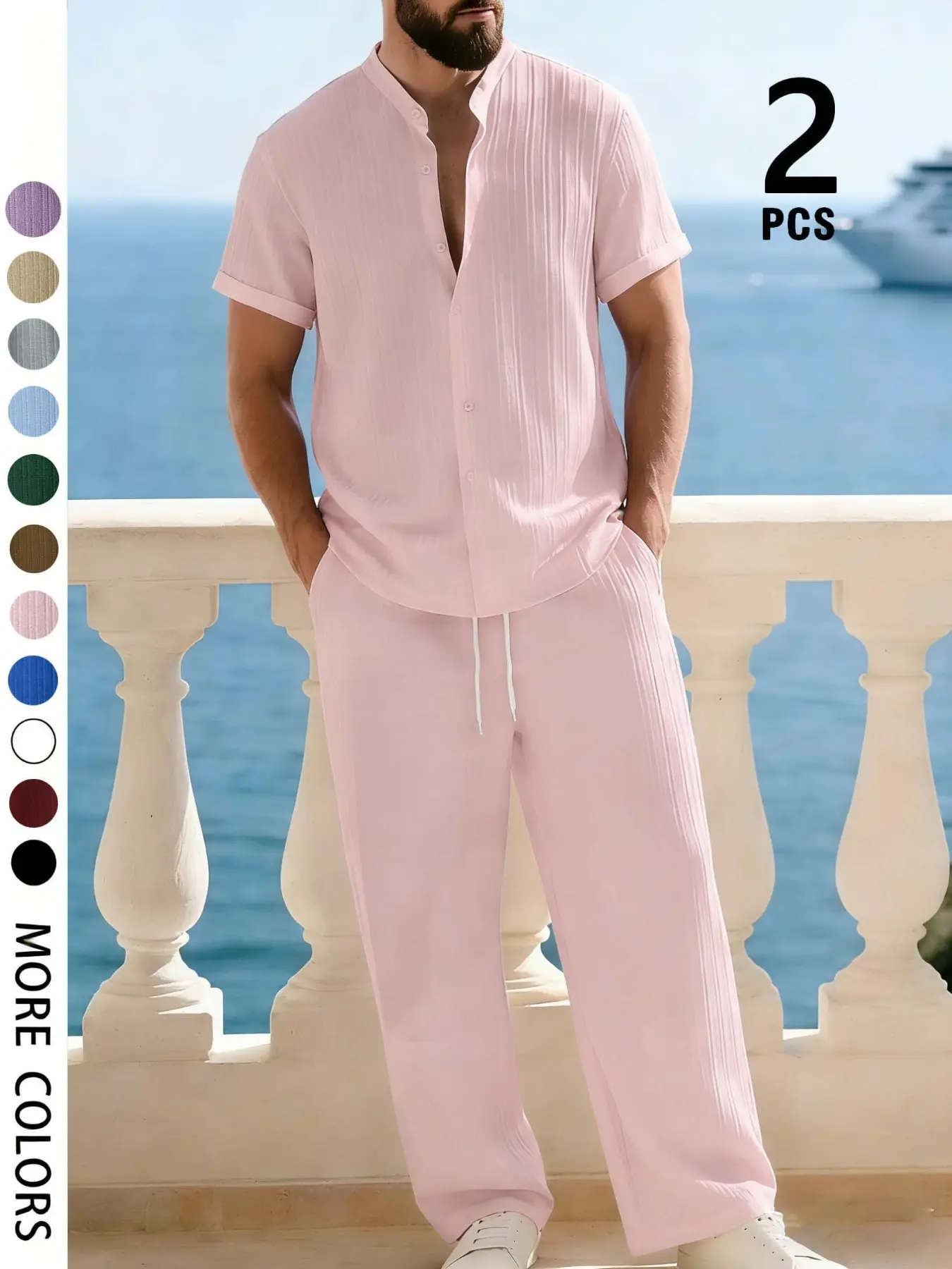Men's Summer 2 Piece Matching Outfit Set, Light Pink Vertical Texture Stand Collar Short Sleeve Shirt, Drawstring Waist Straight Leg Trousers, Loose Cut, Multi Color Options, Beach Holiday Resort Daily Casual Tracksuit