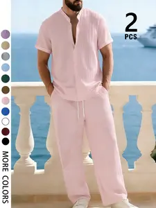 Mens two piece textured casual set henley short sleeve shirt and drawstring wide leg pants summer beach vacation loose lightweight breathable linen look trendy streetwear matching outfit for men