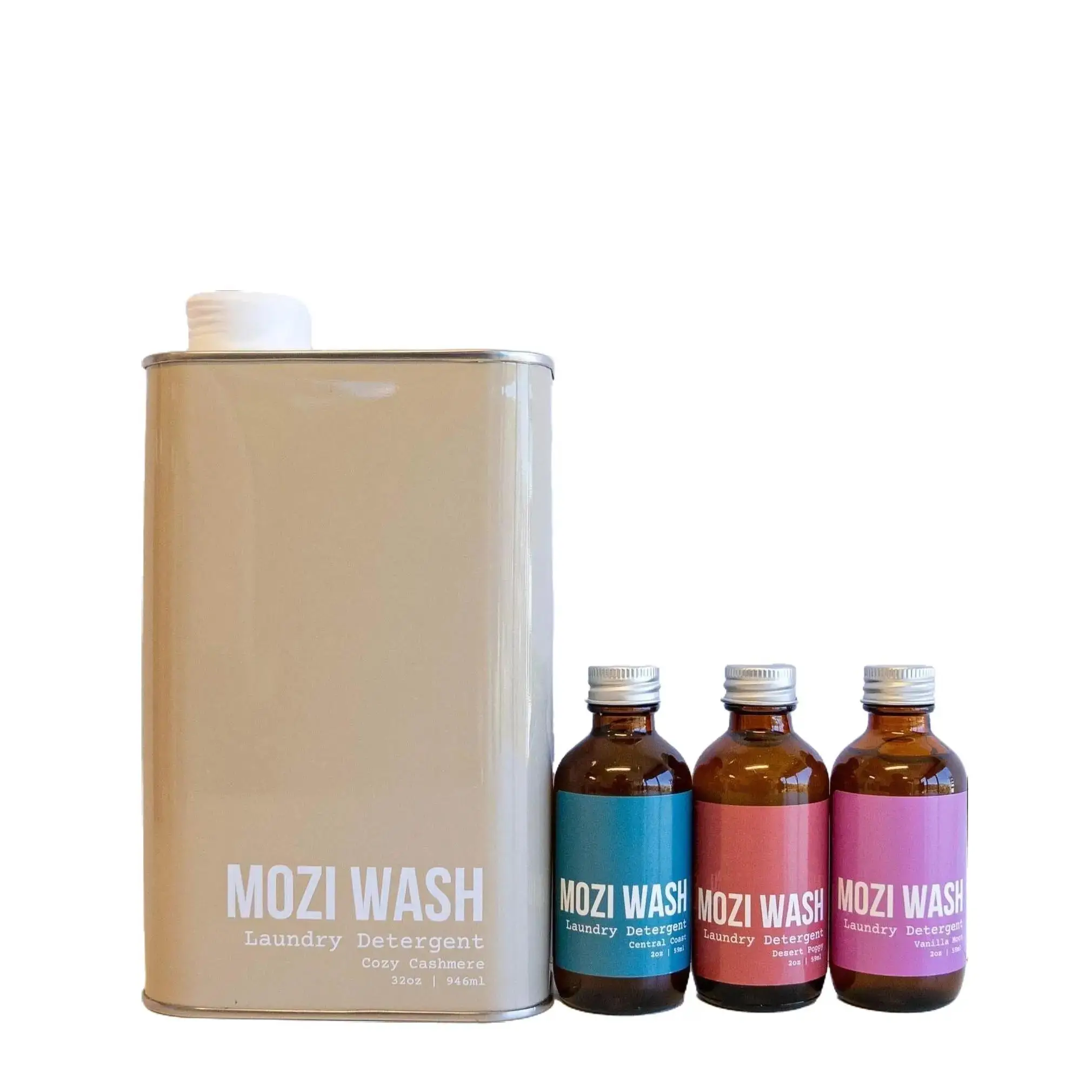 Mozi Wash Cozy Cashmere Full Tin + Trio Sample Set - Includes Central Coast Vanilla Moon & Desert Poppy Sample Bottles for Testing Scents