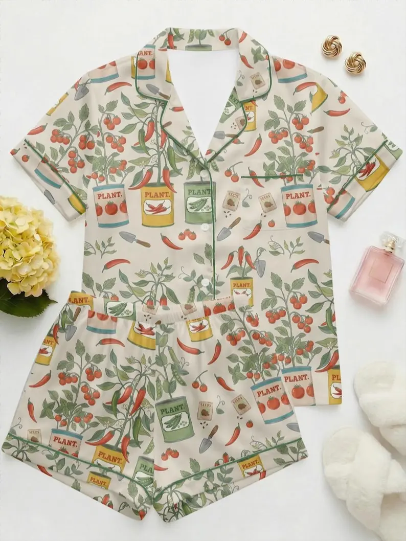 Garden Lover Pajamas for Women, Spring Plant Pajama Set, Funny Gift for Mom or Gardener, Tomato Vegetable Print Sleepwear