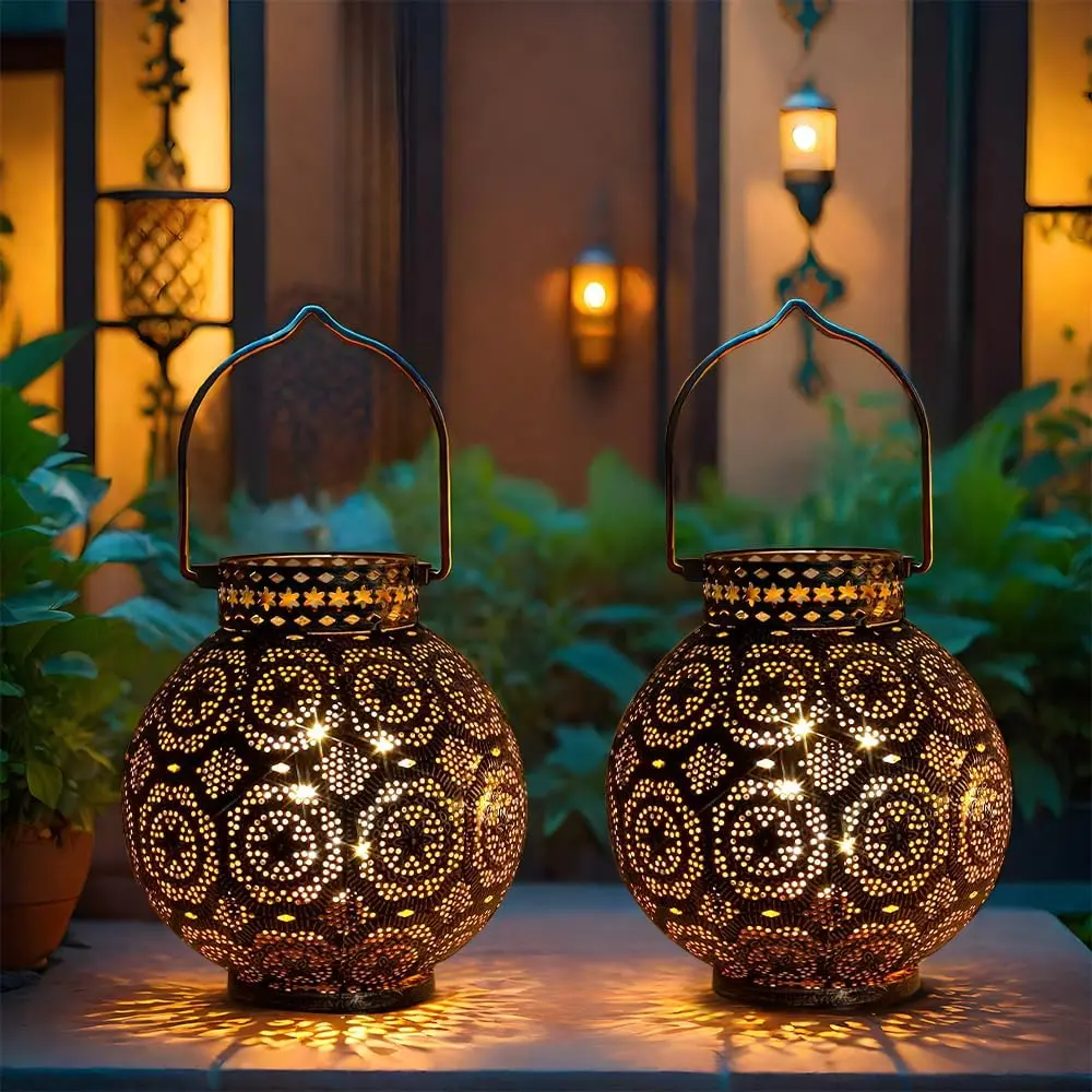 Moroccan Decorative Lamps Set of 2 7'' High Cordless Table Lamps with Fairy Lights for  Living Room, Garden, Yard Party, Indoor/Outdoor Use