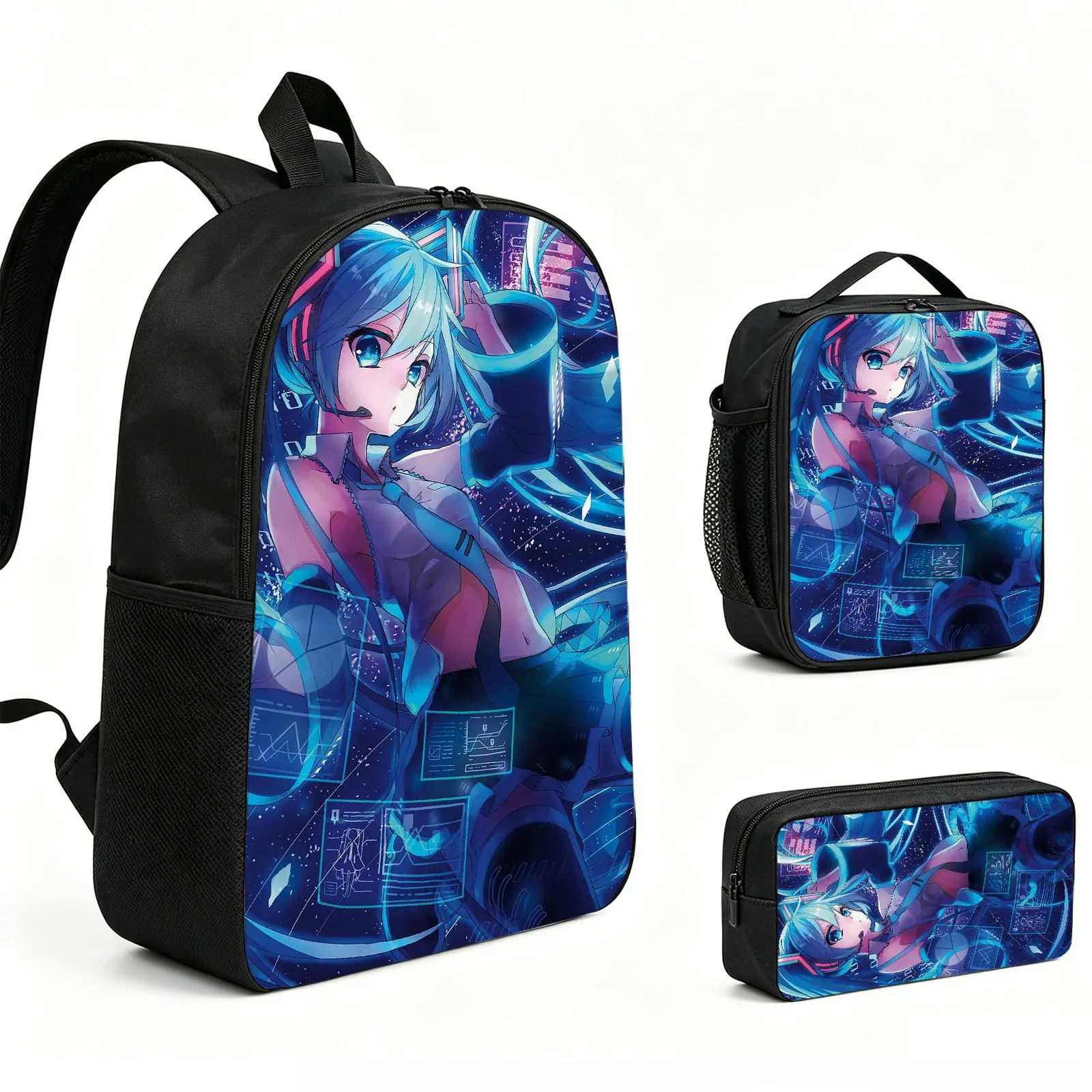 hatsune miku  Backpack 3pcs Set with Vibrant Print, Durable School Bookbag with Insulated Lunch Tote and Pencil Bag for Teens Boys Girls, Multi-Functional Laptop Travel Daypack Gift for Kids L-202