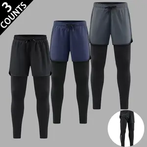 Men's 3-Pack 2-in-1 Compression Running Pants - High Elastic Activewear Gym Tights with Quick-Dry Outer Shorts, Drawstring Waist, Lightweight Breathable Gym Athleisure Multi-Sport Men's Pants for Workout, Outdoor Activities