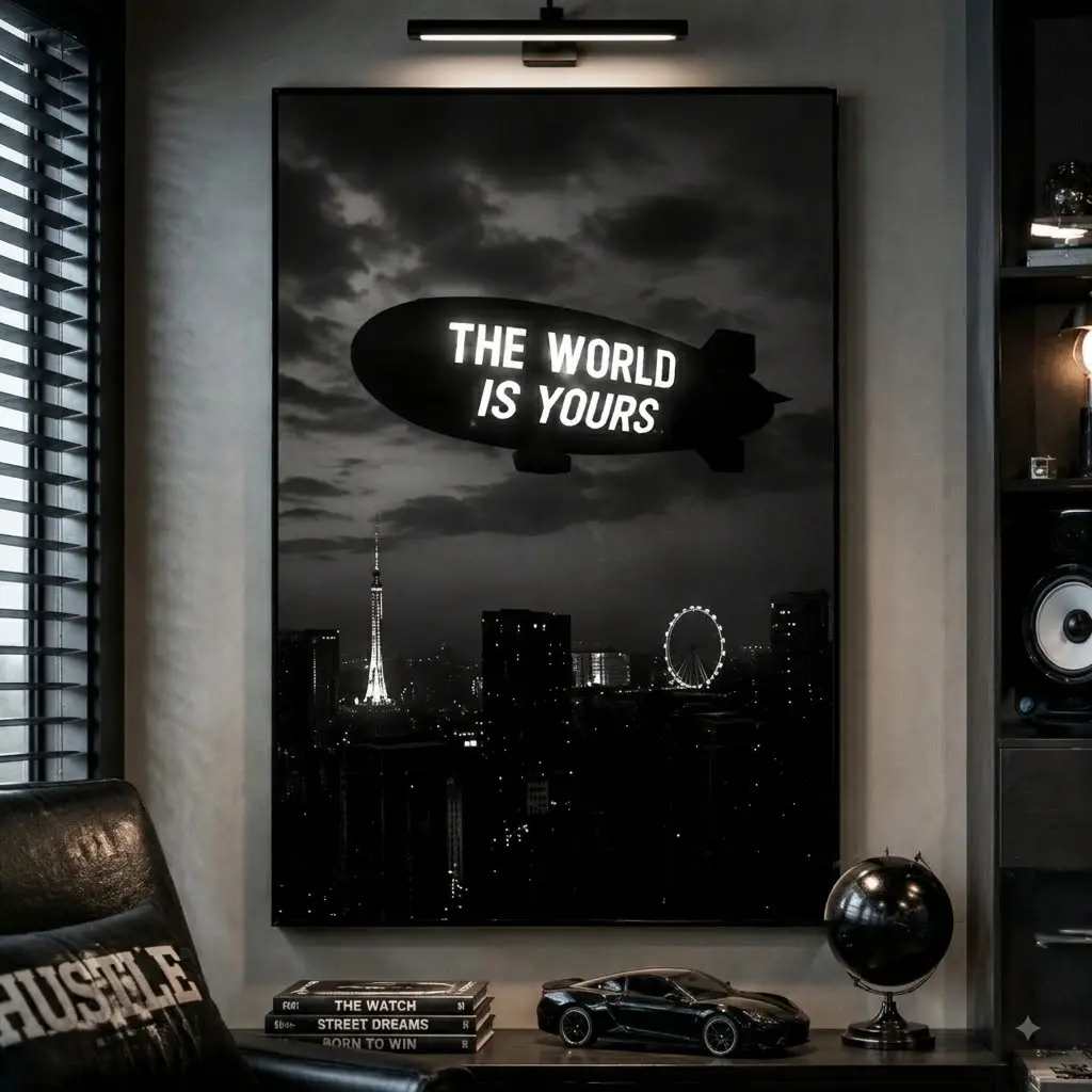 The World Is Yours Canvas Wall Art, Black & White Airship Night Scene Print for Modern Home Decor Poster