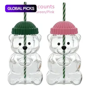 Vintage Cute Bear Glass Cup, 2026 Holiday Series Trendy Bear Coffee Cold Drink Cup, Striped Straw, New Adorable Coffee Mug, Bottle