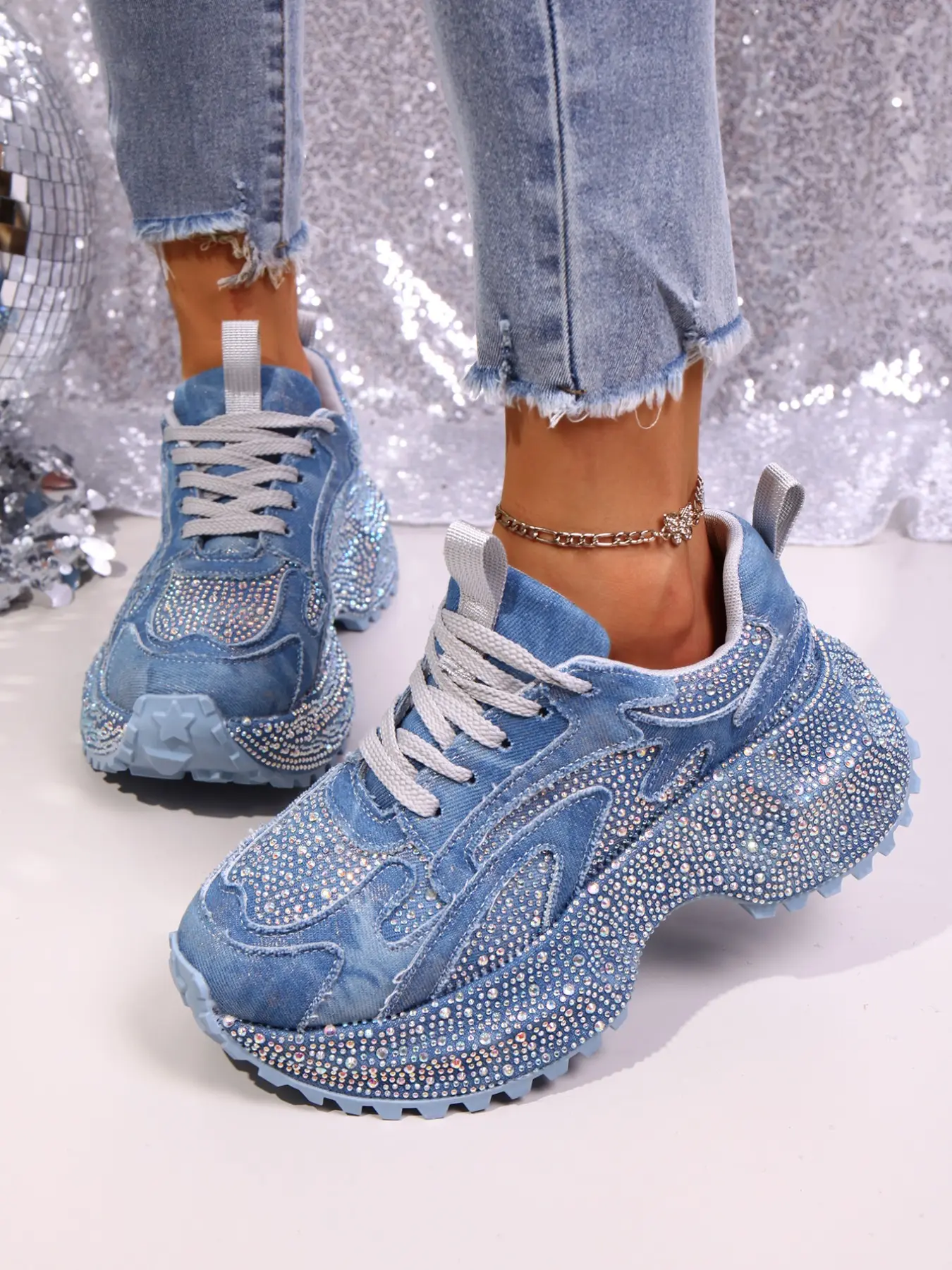 New Rhinestone Dad Shoes, Thick Sole Rubber Height Boost Slimming, Sweet Cool Style Versatile Sports Shoes, All Seasons Casual Footwear, Sneaker, Chunky Sneaker, Height Boosting Sneaker, Glitter Design Sneakers