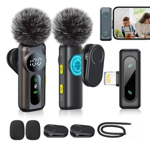 Portable 2-Pack Wireless Lavalier Clip-On Microphones with Furry Windscreen, Lightning Plug, USB Rechargeable Receiver for Vlogging, Podcast Recording