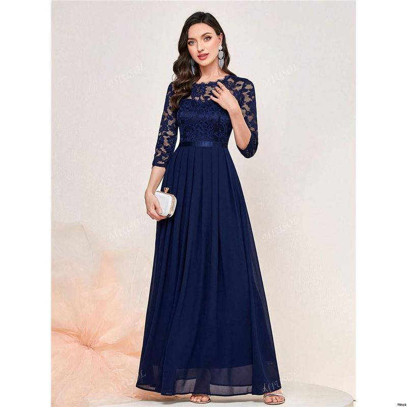 Formal Hem Pleated Elegant MIUSOL Floral Lace Chiffon Party Dress